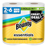Bounty Essentials Select-A-Size Paper Towels, White, 2 Triple Rolls = 6 Regular Rolls (Packaging May Vary)