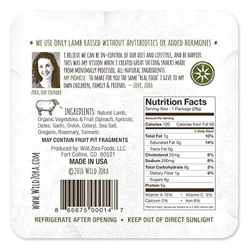 Wild Zora Meat & Veggie Bars, Mediterranean Lamb, 8-Pack, 100% Grass Fed Lamb, Healthy Jerky Paleo Snacks, AIP Friendly, Gluten Free, Soy Free, High
