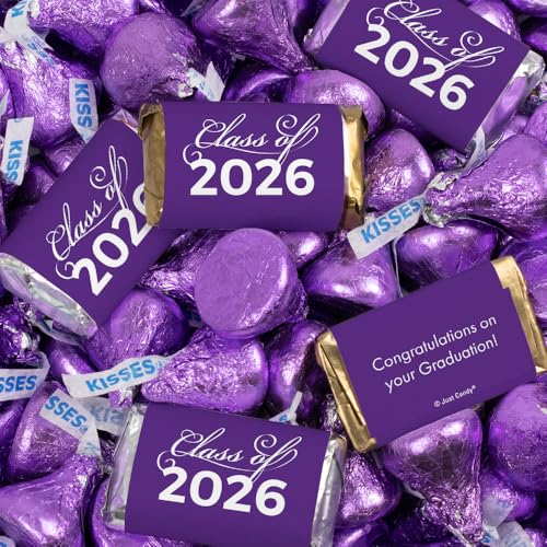 124 Pcs Purple Graduation Candy Assortment - Class of 2026 Assorted Wrapped Miniatures & Purple Foiled Kisses For Party Favors, Buffets And Gifts (1.5