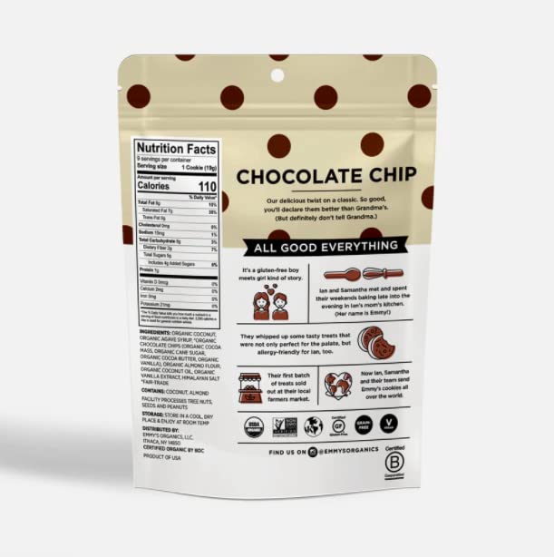 Emmy's Organics Coconut Cookies - Pack of 2 (Chocolate Chip) | Gluten-Free, Organic, Vegan, Paleo-Friendly
