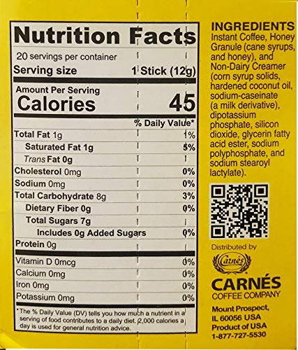 Carnes Sweet Honey Mocha Instant Coffee Sticks, 20 Sticks (8.4 Ounce, Medium-Dark Roast, Gluten Free)