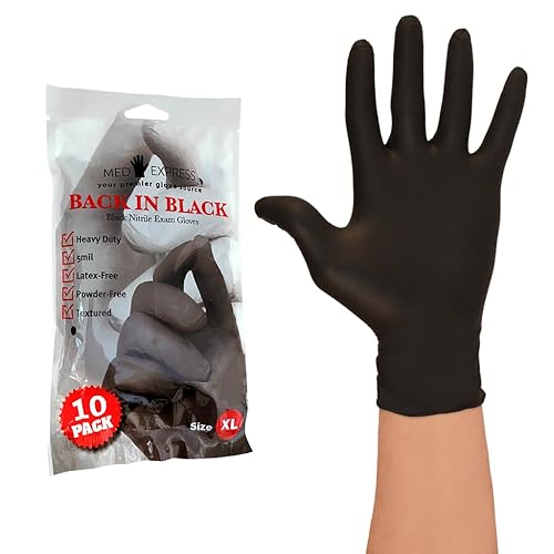Med Express Nitrile Exam Gloves Black | 5 Mil Thick Nitrile Gloves | Latex-Free, Powder Free | Textured | Heavy Duty Black Nitrile Gloves XL 10 Pack