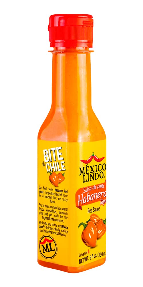 Mexico Lindo Red Habanero Hot Sauce | Real Red Habanero Chili Pepper | 78,200 Scoville Level | Enjoy with Mexican Food, Seafood & Pasta | 5 Fl Oz