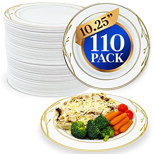 Reli. Disposable Plastic Plates, White & Gold Rim (110 Pcs, 10.25") | Hard Plastic Dinner Plate | Elegant, Heavy Duty Disposable Round Platters
