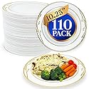 Reli. Disposable Plastic Plates, White & Gold Rim (110 Pcs, 10.25") | Hard Plastic Dinner Plate | Elegant, Heavy Duty Disposable Round Platters