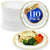 Reli. Disposable Plastic Plates, White & Gold Rim (110 Pcs, 10.25") | Hard Plastic Dinner Plate | Elegant, Heavy Duty Disposable Round Platters
