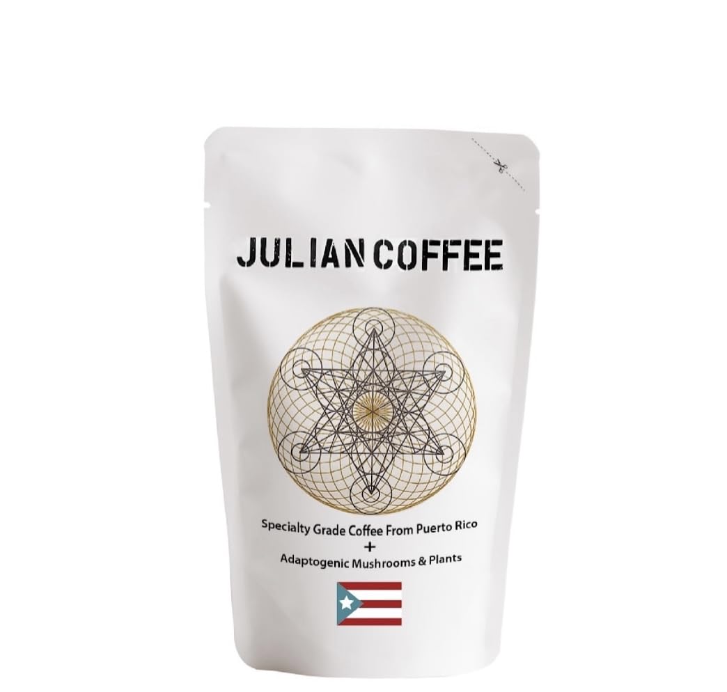 Julian Mushroom Coffee with Fruiting Body Lions Mane, Chaga, Reishi, Cordyceps. Plus: Cacao, Maca, Tulsi, Curcumin. Medium Roast Arabica from Puerto