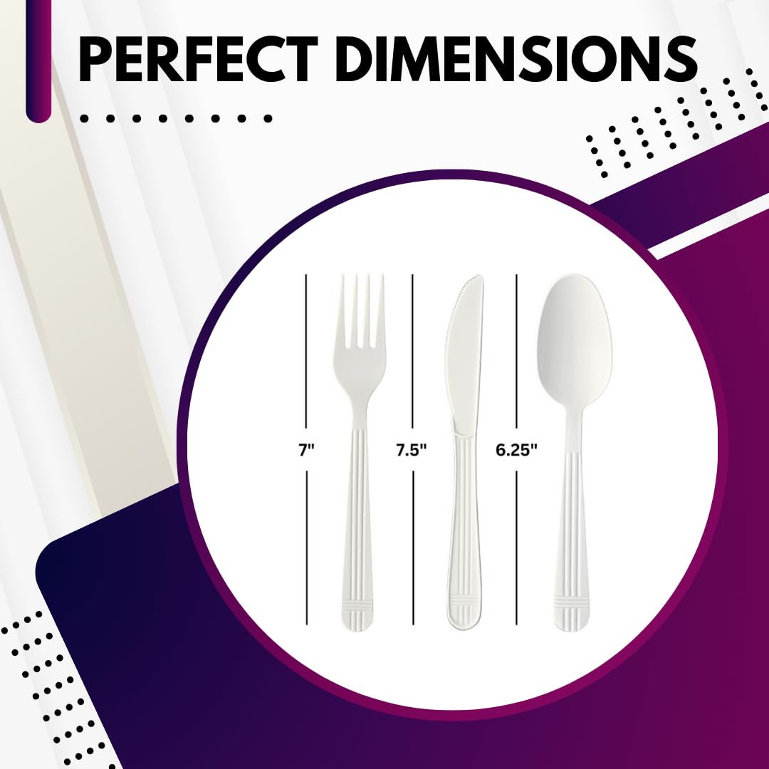 Green Direct Heavy Duty Wrapped Plastic Cutlery Set with Napkin, Fork, Spoon, Knife, Salt, Pepper, White 50 Pack Plastic Cutlery Meal Kit