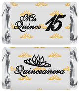 Mis Quince Miniature Candy Bar Wrapper, Quinceanera Mini Chocolate Bar Stickers for Sweet 15 Birthday Party, Table Top Event Decorations, (Set of 60)