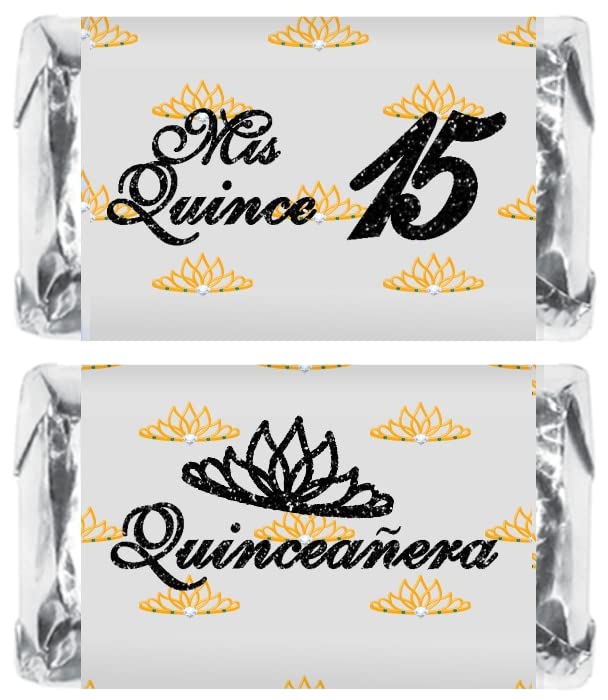 Mis Quince Miniature Candy Bar Wrapper, Quinceanera Mini Chocolate Bar Stickers for Sweet 15 Birthday Party, Table Top Event Decorations, (Set of 60)
