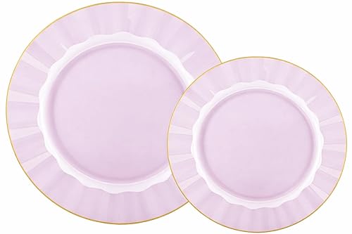 Lillian Tablesettings 32-Piece Pink Plastic Plates Set, 16×10" Dinner & 16×7" Salad Plates, Heavyweight Disposable Plates with Gold Rim, Elegant Petal