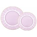 Lillian Tablesettings 32-Piece Pink Plastic Plates Set, 16×10" Dinner & 16×7" Salad Plates, Heavyweight Disposable Plates with Gold Rim, Elegant Petal