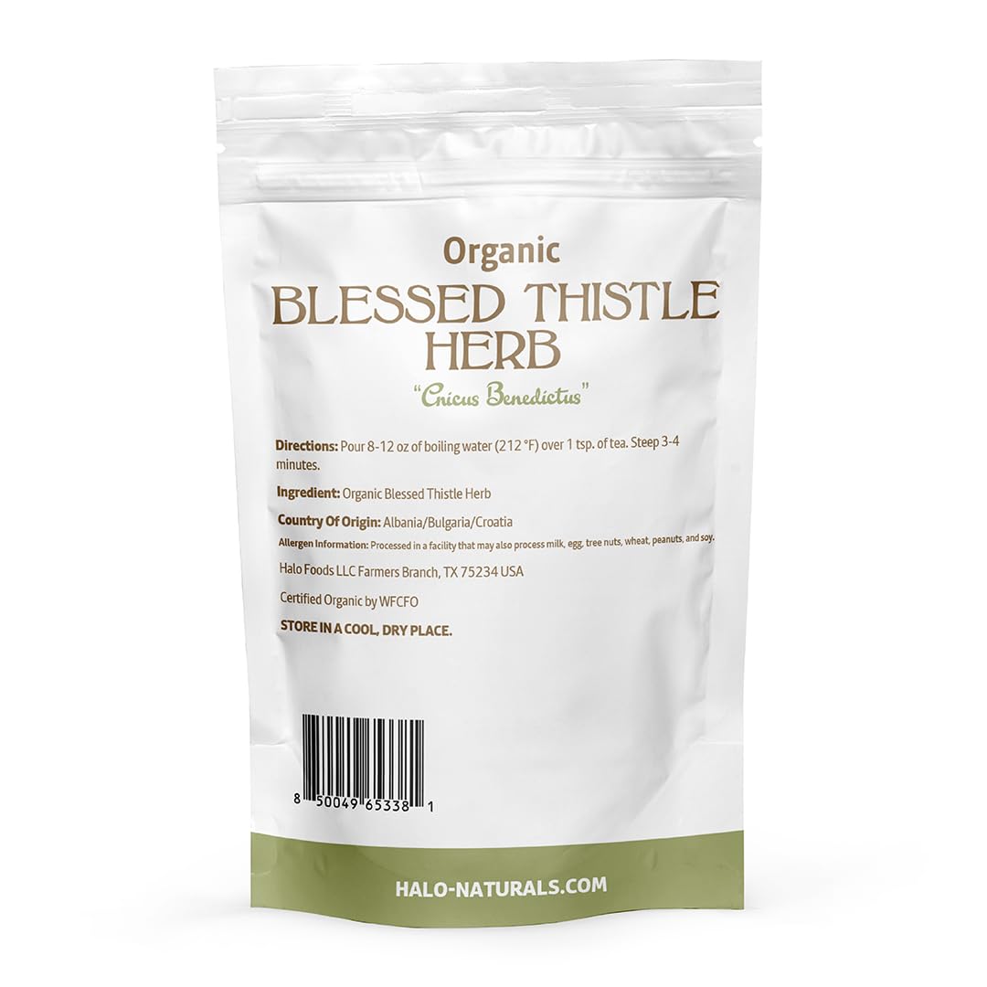 Halo Naturals Organic Blessed Thistle Herb Cut & Sifted, 4 Ounces (Cnicus benedictus) USDA Certified | Resealable Pouch| Packaged in The USA