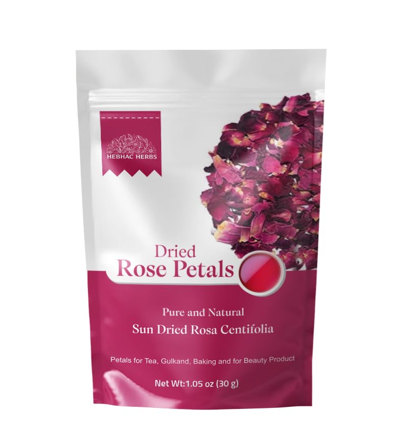 Dried Rose Petals 30g by Hebhac Herbs Red Rose Flower Petals for Tea, Gulkand, Cooking, Baking and for Beauty Product Grown in India (1.05 oz)