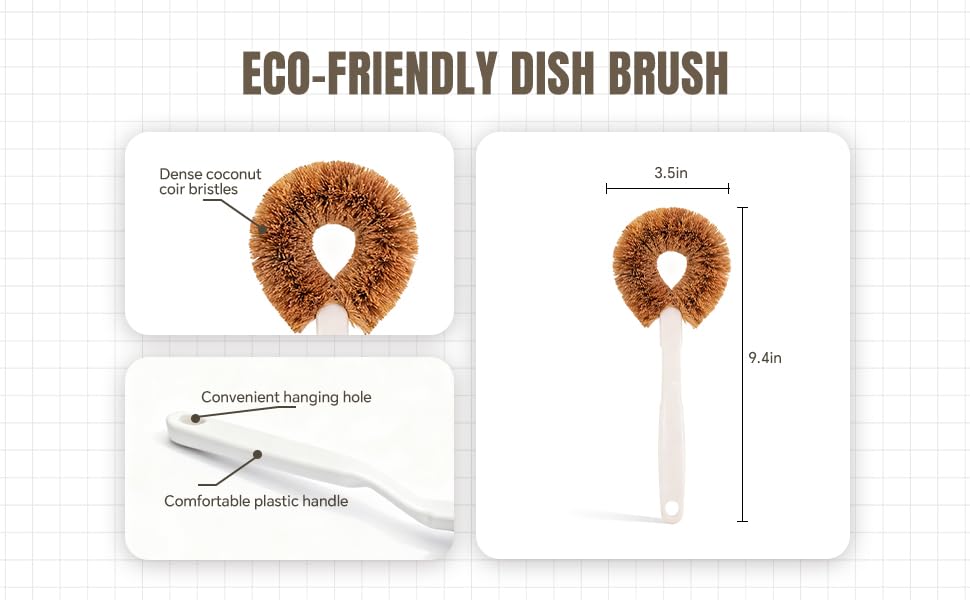 MI BRUSHAX Dish Brush - Heavy Duty Kitchen Scrub Brush with Plastic Handle & Natural Coconut Fiber Bristles, Pot Scrubber for Pans, Sinks & Cast Iron