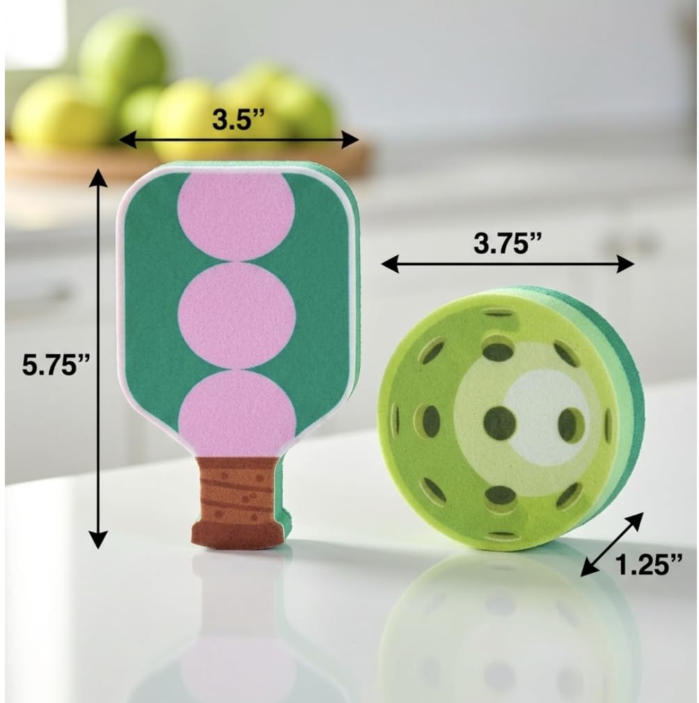 Linhome Pickleball Kitchen Dish Sponges, 2 Pack, Pickleball Paddle & Ball Shapes, Durable Layered Sponges, Non-Scratch, Quick-Dry, Fun Kitchen Gift