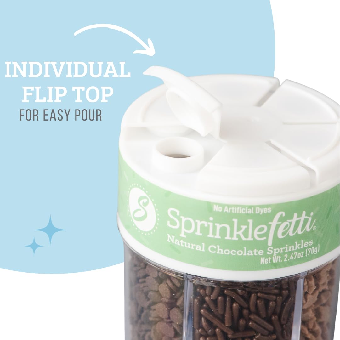 Sweets Indeed Dye Free Chocolate Sprinkles 6 Cell Jar - No Artificial Dyes Quins, Jimmies and Star Sprinkles for Baking & Decorating Cupcakes