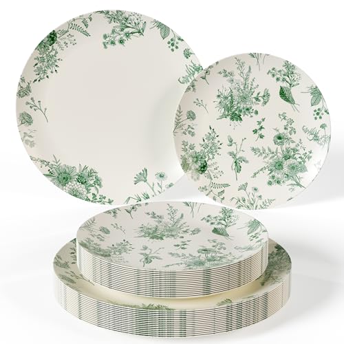 Trendables 80 Piece Plastic Disposable Plates Set For 40 Guests I 40 X 8 Inch Dessert Plates & 40 X 10 Inch Wedding Party Plates | Ivory & Green