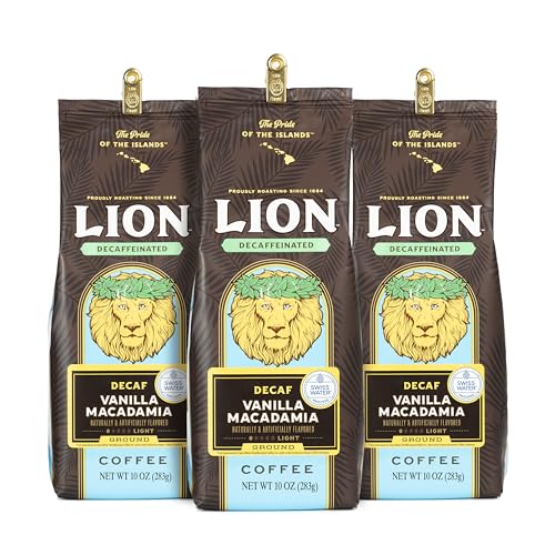 Lion Coffee 3-Pack DECAF Vanilla Macadamia Flavored Ground Coffee, Swiss Water DECAF Light Roast, Hawaiian Inspired Taste - 10 Ounce Bags (Pack