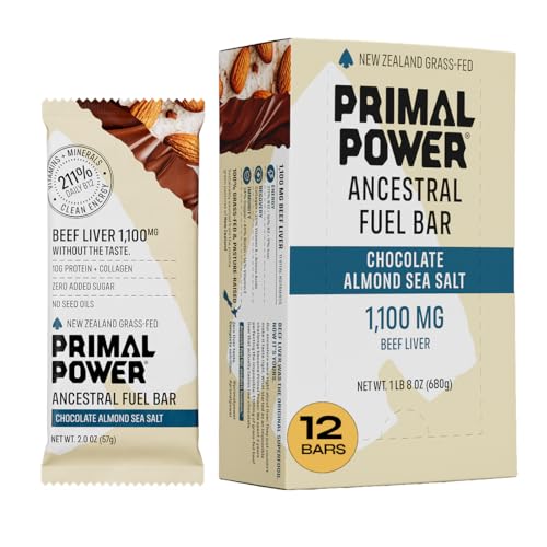 Primal Power Beef Liver Bar 1100mg - New Zealand Grass-Fed, 211% DV B12, 10g Protein Collagen - Zero Added Sugar, No Seed Oils, Gluten Free