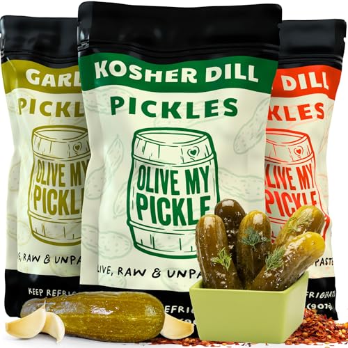 Olive My Pickle Fermented Pickles Probiotic Variety Pack - 96 Ounces | 3-Pack Bundle of Kosher Dill, Garlic, Spicy Kosher Dill Pickles and Brine