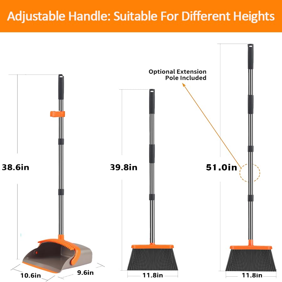 2-Pack is More economical,Upgraded Broom and Dustpan,with 52" Long Handle, Dustpan Teeth with self-Cleaning Function, Indoor and Outdoor Sweeping