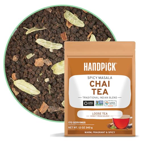 HANDPICK, Premium Chai Tea Loose Leaf (340g/12oz) | Blend Of Black Tea - Masala Chai Tea With Cinnamon, Cardamom, Cloves & Black Pepper | Resealable