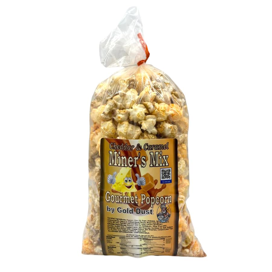 Gold Dust Kettle Corn | Miner’s Mix | Cheddar and Caramel Popcorn | Sweet and Salty | Cheese and Caramel Popcorn Mix | Popped Popcorn Snack Bag | Non