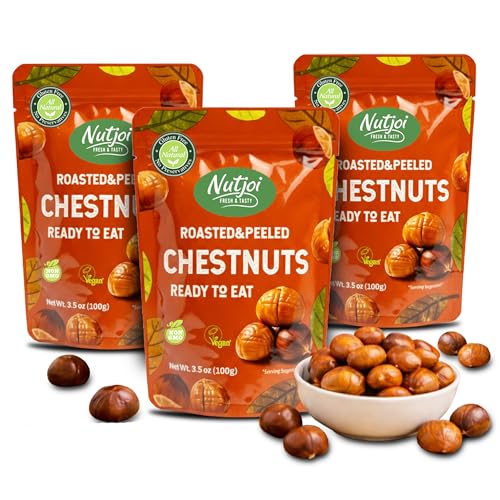 Roasted Chestnuts Ready to Eat - Peeled & Cooked Whole Chestnuts, Healthy On-the-Go Vegan Snack, Gluten Free - 3.5 oz (3 Pack) - Nutjoi