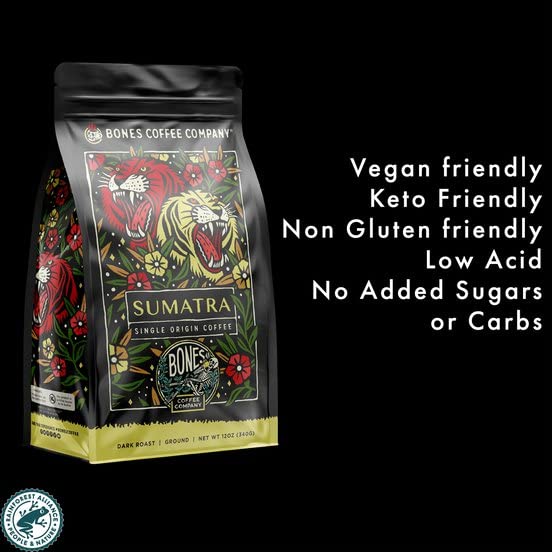 Bones Coffee Company Sumatra Single-Origin, Dark Chocolate, Smoky Earthy Notes, Whole Coffee Beans, Low Acid Darl Roast Arabica Beans Flavored Coffee