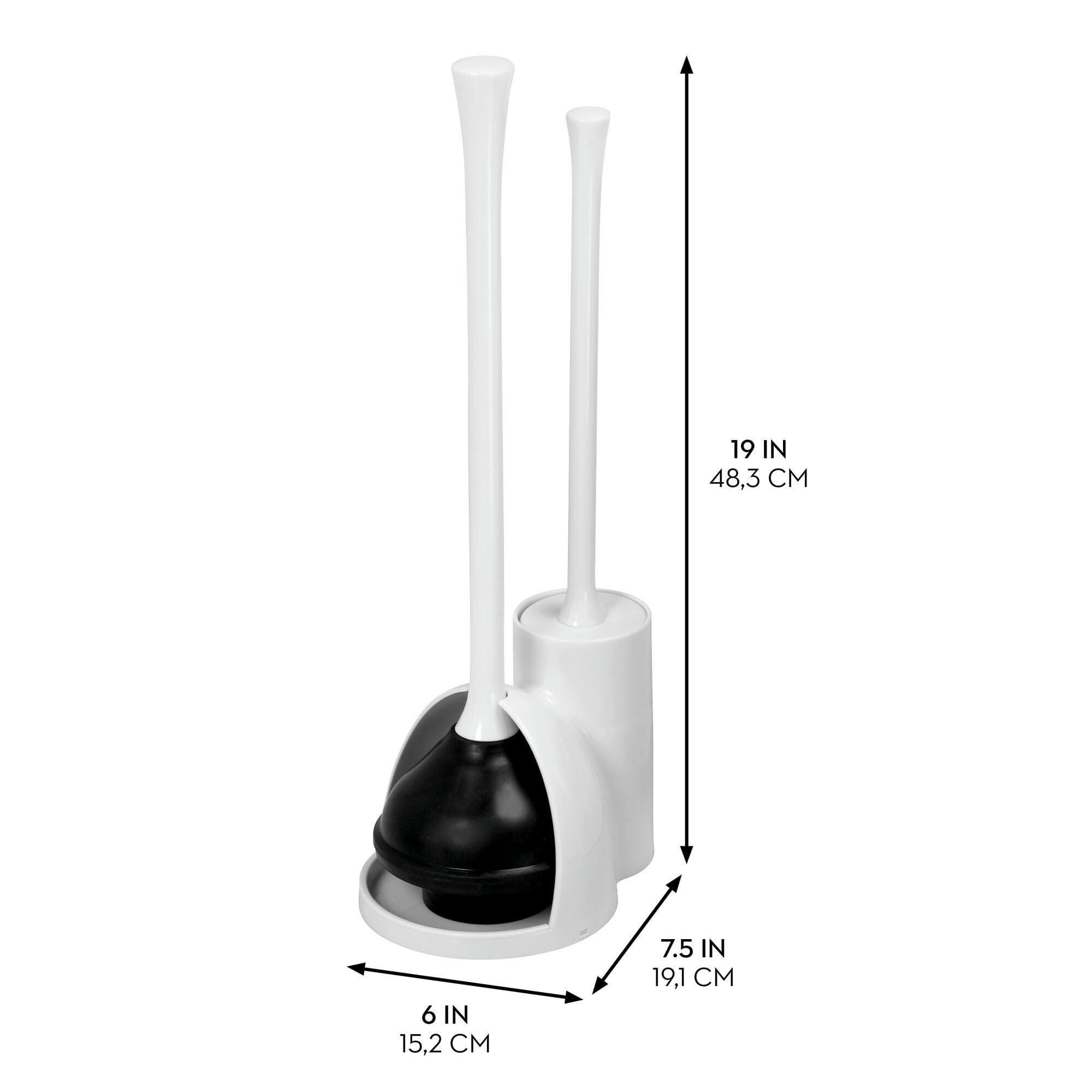 iDesign Compact Plunger Set for Bathroom Cleaning and Storage-Set of 2-White Toilet Brush