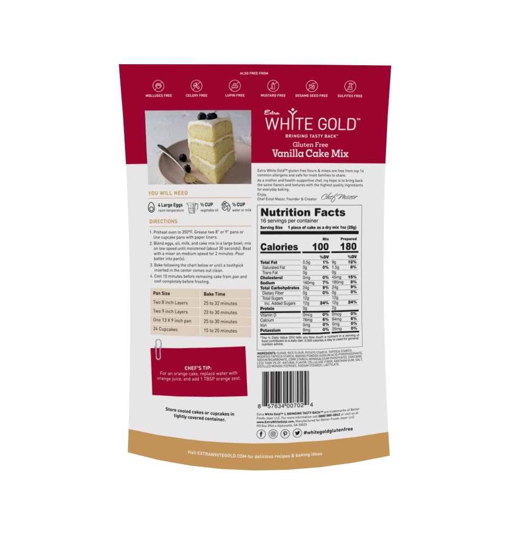 Extra White Gold Vanilla Cake Mix - For Baking Cakes Cupcakes Desserts - [Gluten Free] [Nut Free] [Free of the Top 14 Major Allergens] - 15.9 Ounces