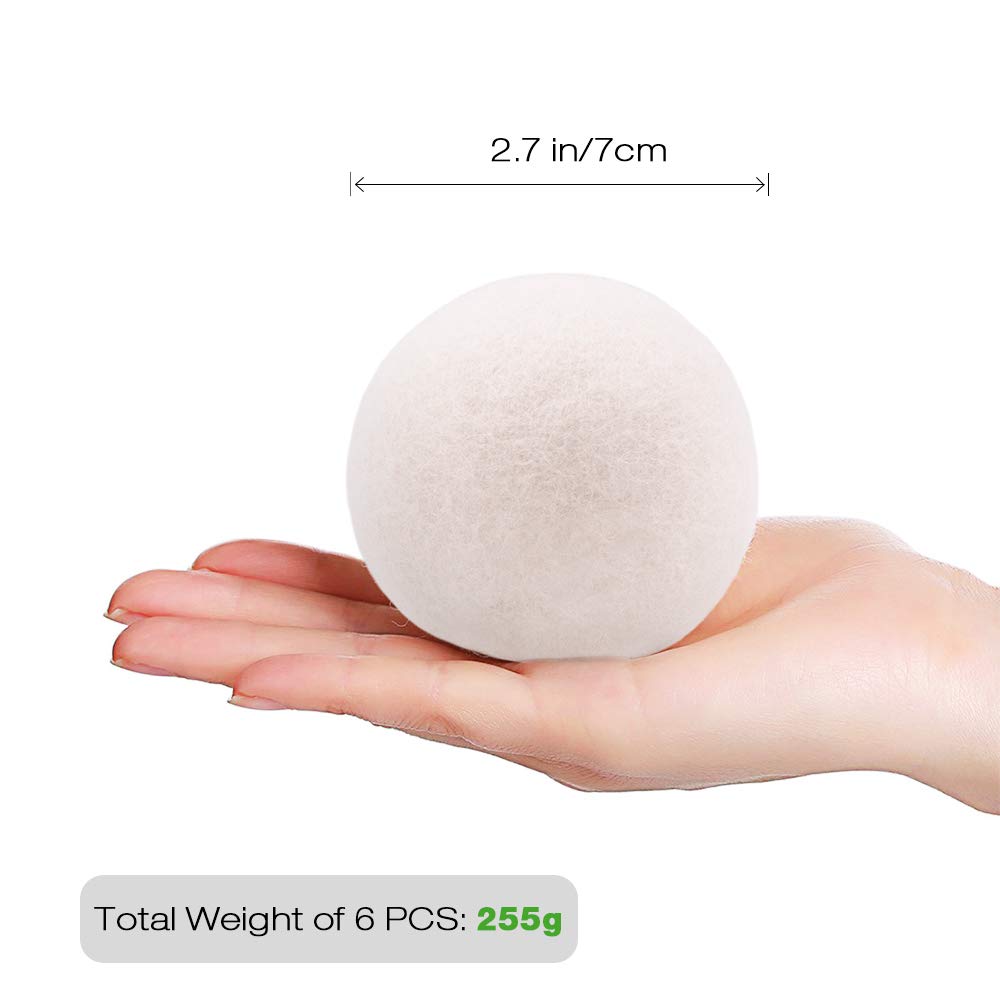 Raffaelo Wool Ball, Wool Dryer Balls XL Premium Reusable Natural Fabric Softener Pet Fur Hair Remover - Set of 6PCS (White)
