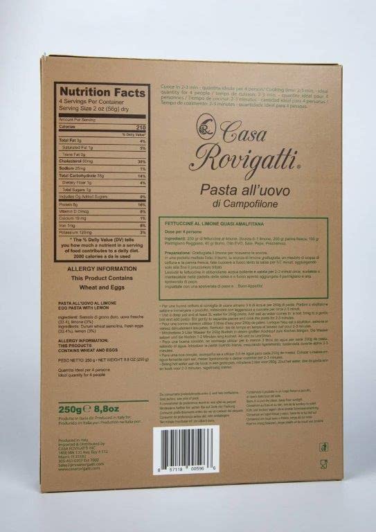 Fettuccine with Lemon Gourmet Egg Pasta (Pack of 4) - Italian Pasta From the Region of Di Campofilone- Imported Italian Egg Pasta- 8.8 ounces / 250
