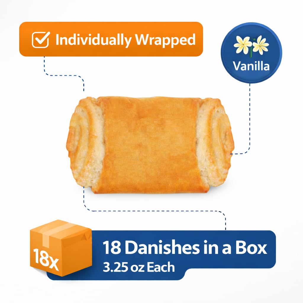 Stern’s Bakery Vanilla Danish | 18 Individually Wrapped Vanilla Pastries | 3 Oz Breakfast Danish Pastries | Vending Machine | Lunchbox Snack | Dairy