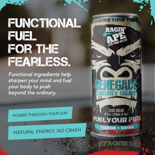 Ragin' Ape Renegade Energy Drink Multipack Vegan Friendly 12 oz Cans with Taurine Kanna and Caffeine Low Calorie Carbonated Beverage For Bold Clean