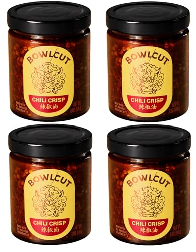 Bowlcut All Natural, Gluten Free, Vegan, Made in USA Chili Crisp, Chili Oil with Chili Flakes & Hot Sauce Alternative for Eggs, Pasta, Dumplings