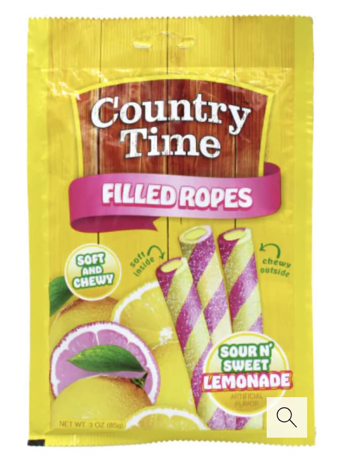 Country Time Sour N' Sweet Lemonade Gummy Candy Filled Ropes, Soft & Chewy, 3 oz, 2 Pack