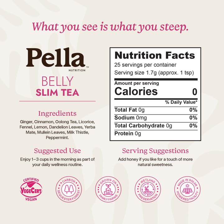Belly Slim Tea - 11-Herb Formula with Ginger Licorice Cinnamon Fennel Oolong Lemon Dandelion Yerba Mate Mullein Leaves Milk Thistle & Peppermint