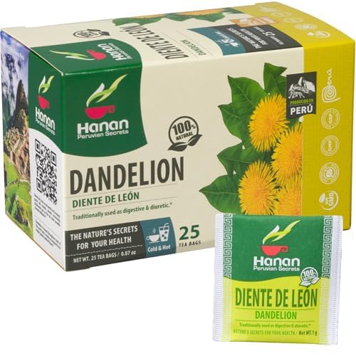 Hanan Peruvian Secrets Diente De Leon Herbal Tea | 100% Natural Dandelion Leaves | 25 Tea Bags | Naturally Supports Healthy Digestion | Soothes