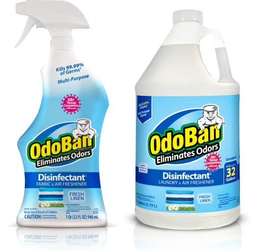 OdoBan Ready-to-Use Disinfectant and Odor Eliminator, Made in the USA, Fresh Linen Scent, Set of 2, 32 oz Spray and 1 Gallon Concentrate