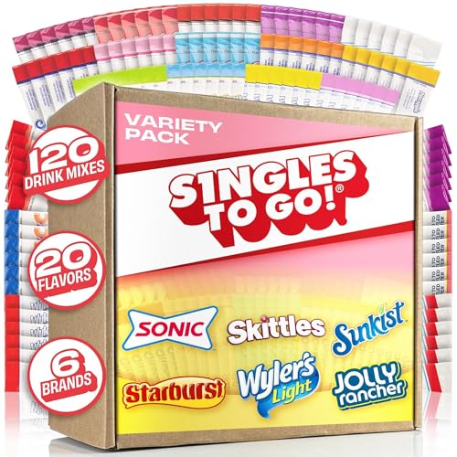 Singles To Go! 120ct Bulk Variety Pack - 20 Different Flavors from Skittles, Sonic, Sunkist, Starburst and More - Sugar Free Drink Mix Packets - Sugar