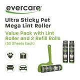 Evercare Ultra Sticky Pet Mega Lint Roller Value Pack, Manual Clothes & Furniture Cleaner with Handle and 2 Refills, 50 Sheets Each
