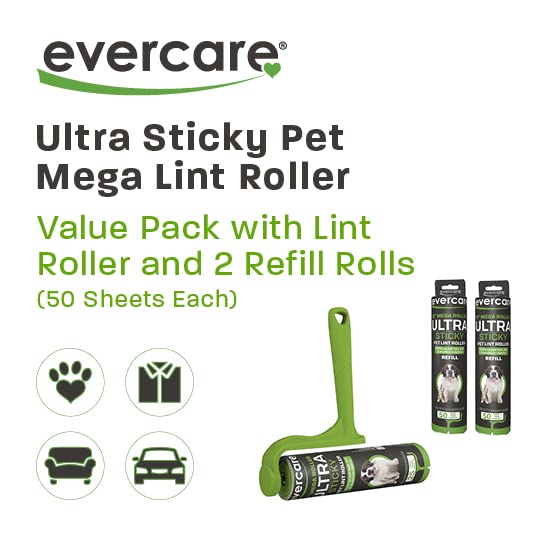 Evercare Ultra Sticky Pet Mega Lint Roller Value Pack, Manual Clothes & Furniture Cleaner with Handle and 2 Refills, 50 Sheets Each