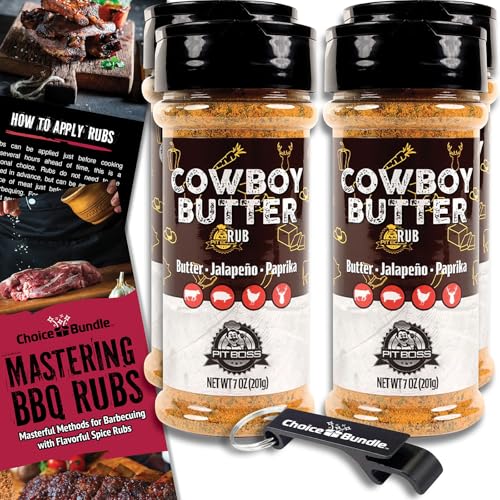 Pit Boss Cowboy Butter Premium Barbecue Mixed Seasoning Spice & Rub 4 pk Choice Bundle (28 oz) + Guide & Keychain Bottle Opener (6 Items)!