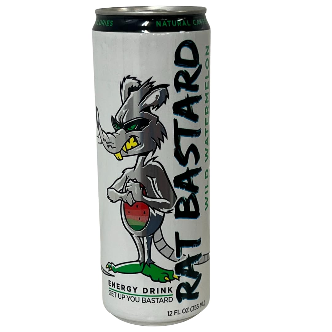RAT BASTARD Energy Drink - Sugar-Free Caffeinated Beverage, Natural Caffeine to Boost Energy and Focus, Wild Watermelon Flavor, 12 fl oz Can (Case