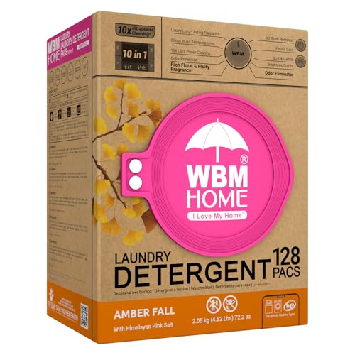 WBM Home Laundry Detergent Pods, Total 128 Count | Amber Fall Fragrance | 10 in 1 Laundry pods Detergent Ultra Power Cleaning with Plant-Based Scent