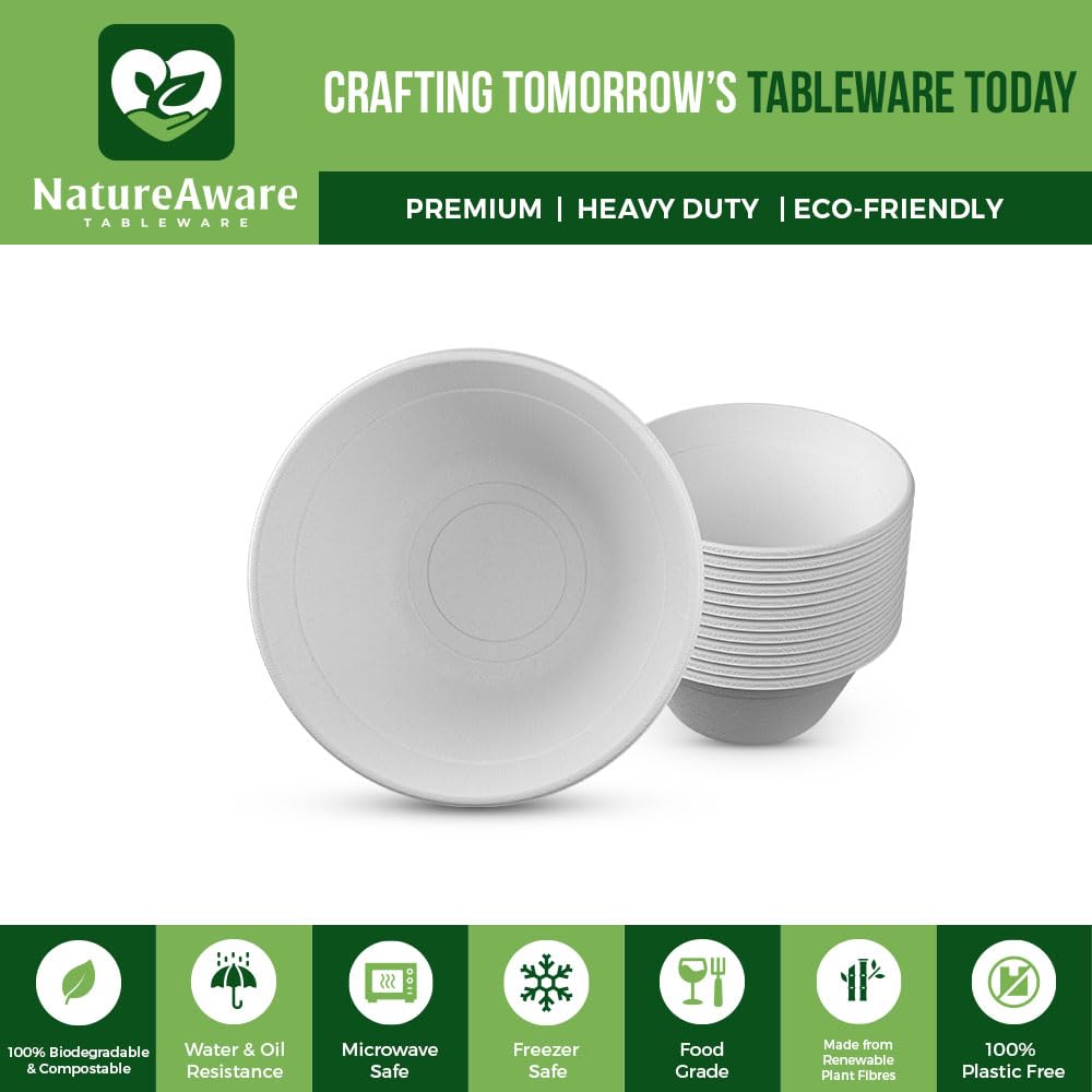 NatureAware Premium 8oz (240ml) White Bowls [50-Pack] - 100% Compostable & Eco-Friendly Disposable Everyday use paper Bowls, Heavy Duty, PFAS-Free