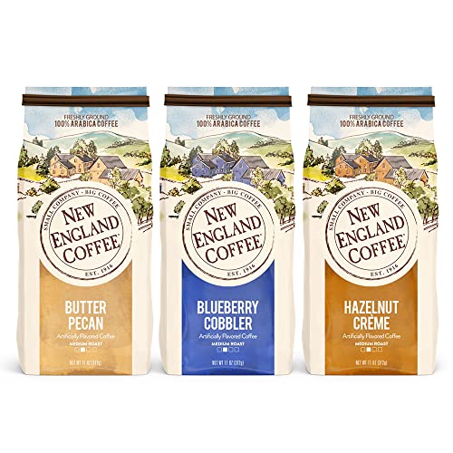 New England Coffee Variety Pack - Butter Pecan/Blueberry Cobbler/Hazelnut Creme, 11oz Bag (Pack of 3)