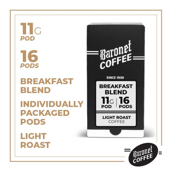 Baronet Coffee Pods [Breakfast Blend] Single Cup Soft 11 Gram - 1 Box of 16 Single Serve 11 Gram Pods, Light Roast, Kosher, Vegan [Breakfast Blend]
